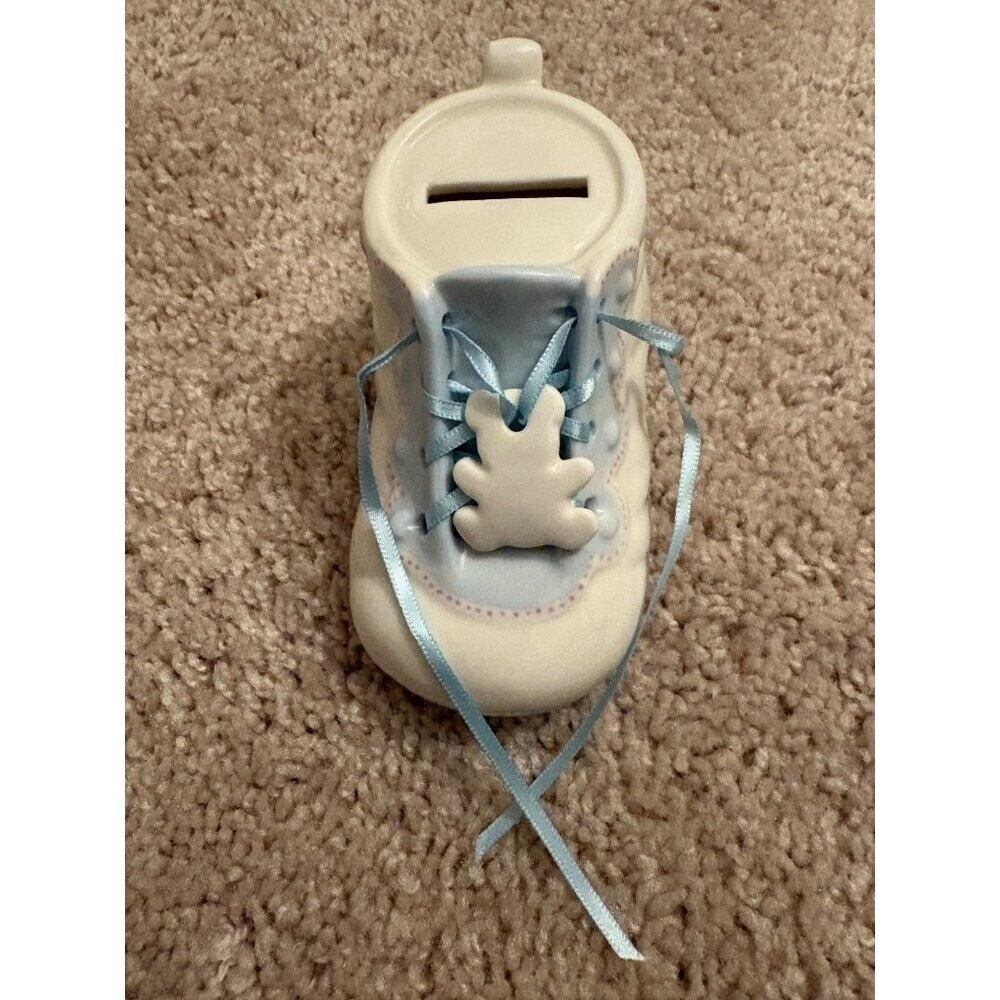 Ceramic Baby Shoe Coin Bank NEW With Blue Lace Baptism‎ Christening Birth Gift